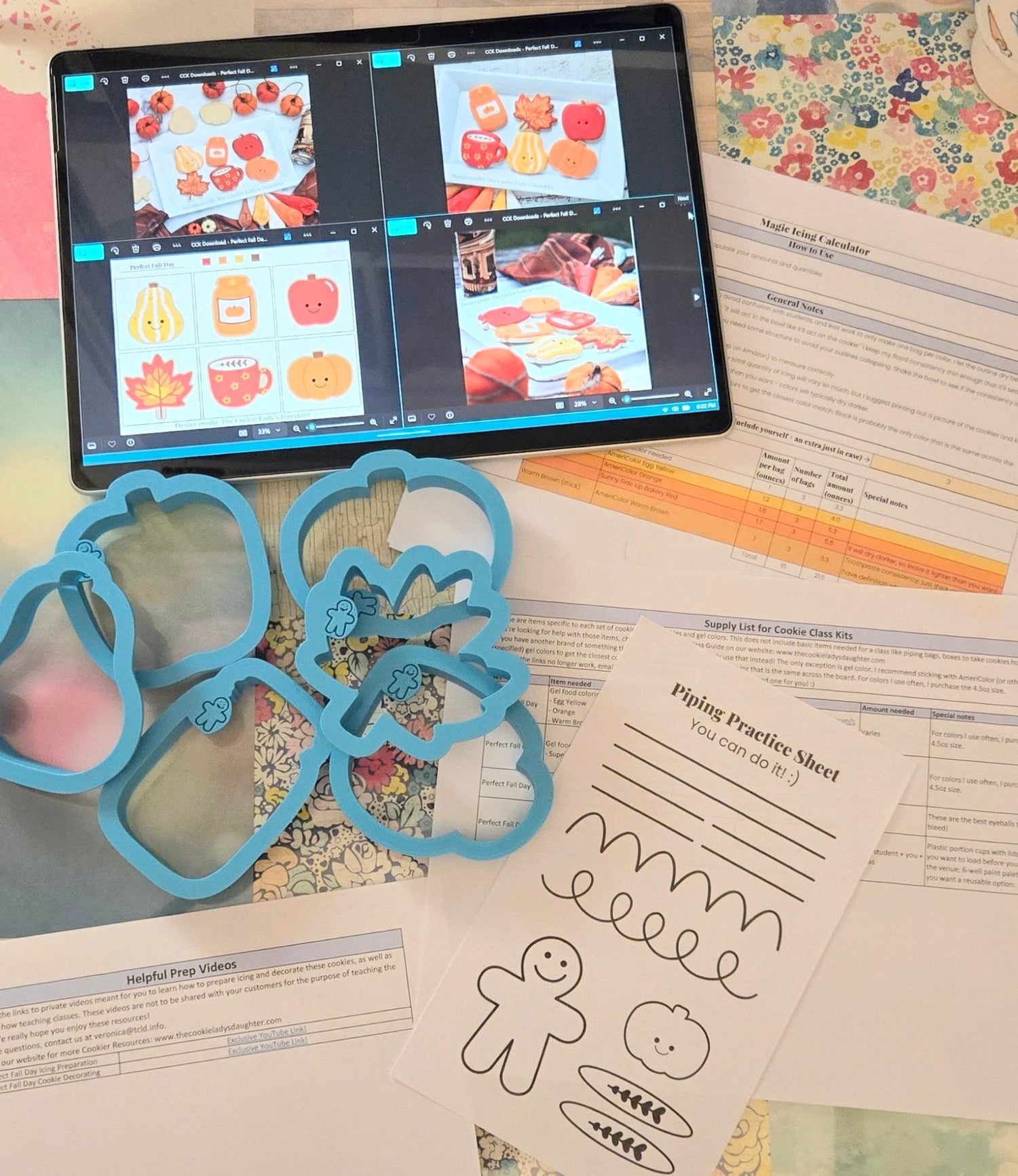 Flatlay of everything included in cookie class kit