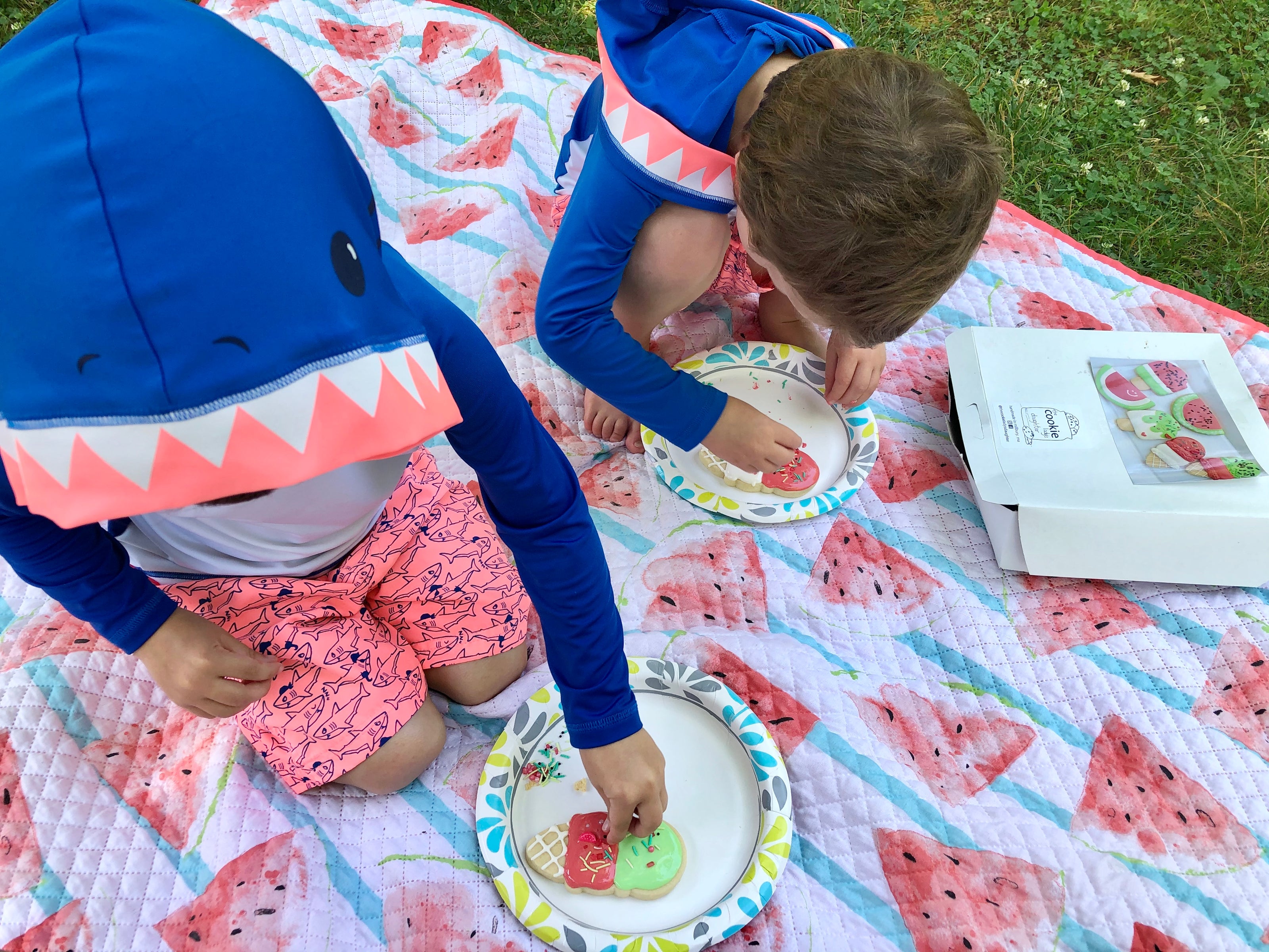 Sugar cookie decorating kits featuring two young children decorating ice cream sugar cookies